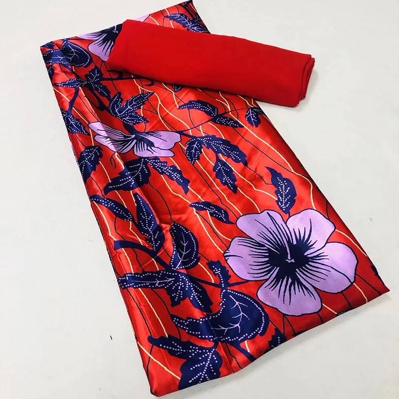 

Hot Sale 4 Yards + 2 Yards Ghana Style Satin Silk Fabric With Organza Ribbon African Wax Design Nigerian Wedding Party Dress Sew