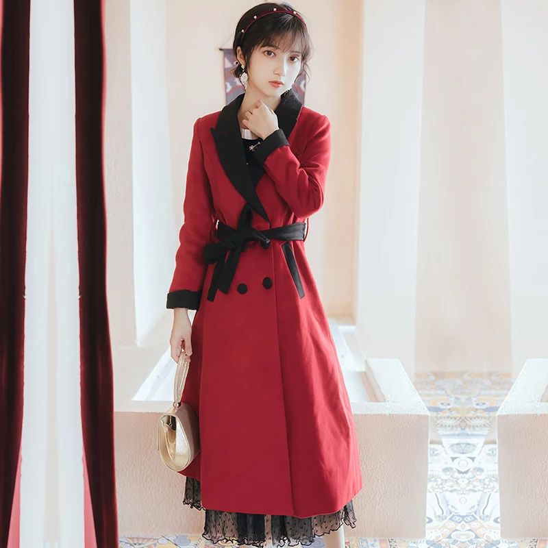 

Women Full Sleeve Jacket with Belt Skirt Women Wool Coat Red Wine Elegant Woolen Mid-calf Long Coats Autumn Winter