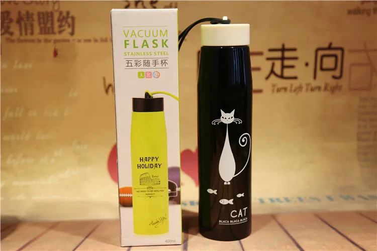 New type of thermos cup male and female students Korean fresh art black white simple cat cute lovers water portable | Дом и сад