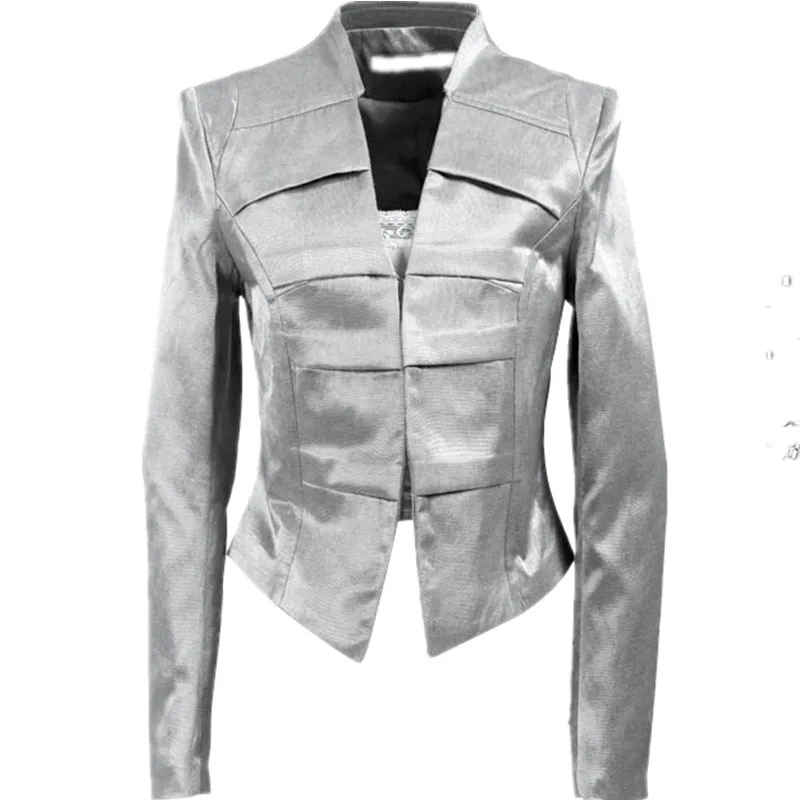 Женский облегающий костюм с воротником стойкой серебристый офисный блейзер