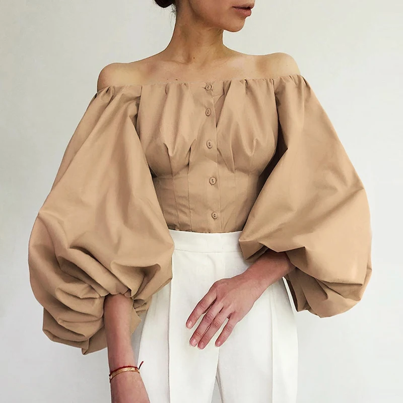 

2021 Ladies Spring and Autumn Solid Color Top Bubble Lantern Sleeve One Shoulder Sexy Slim Shirt Elegant Intellectual T-shirt