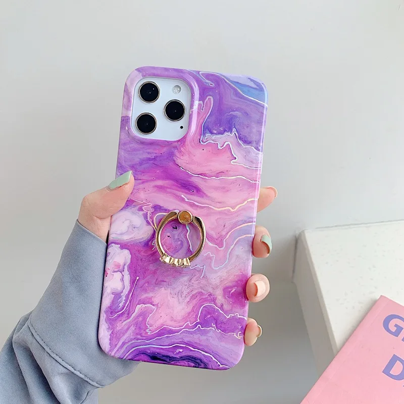 

Luxury Laser Marble Finger Ring Phone Cases For iPhone 11 Pro Max X XS XR 7 8 Plus SE 2020 Shockproof Silicone Back Cover