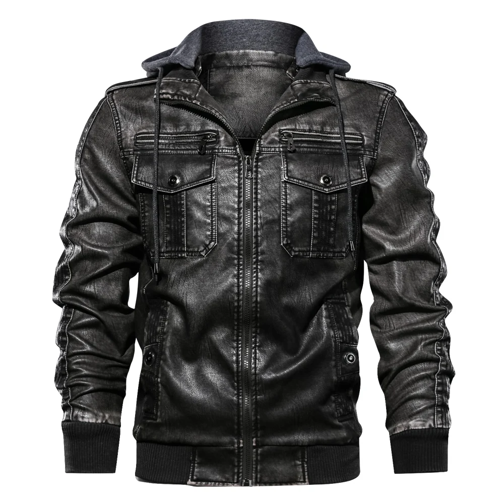 2901 Hooded black Мужские мотоциклетные кожаные куртки с капюшоном в стиле милитари, пальто со стоячим воротником, пальто из искусственной кожи с несколькими карманами, европейские размеры S-XXL, Jaqueta Couro - Цвет: 2901 Hooded black
