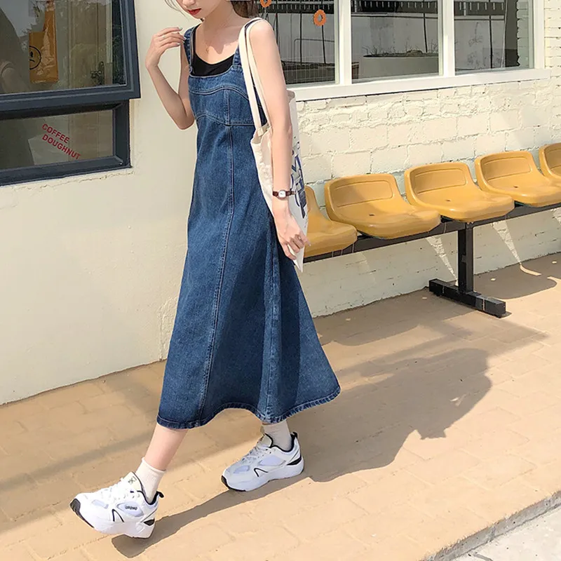 

SML 2023 Vintage women Slim straps Long denim dess female Sleeveless Sundress Overalls jeans tank dress womens(78325