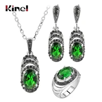 kinel womens fashion retro jewelry sets antique silver color mosaic green zircon pendant necklace and earring ring jewelry set
