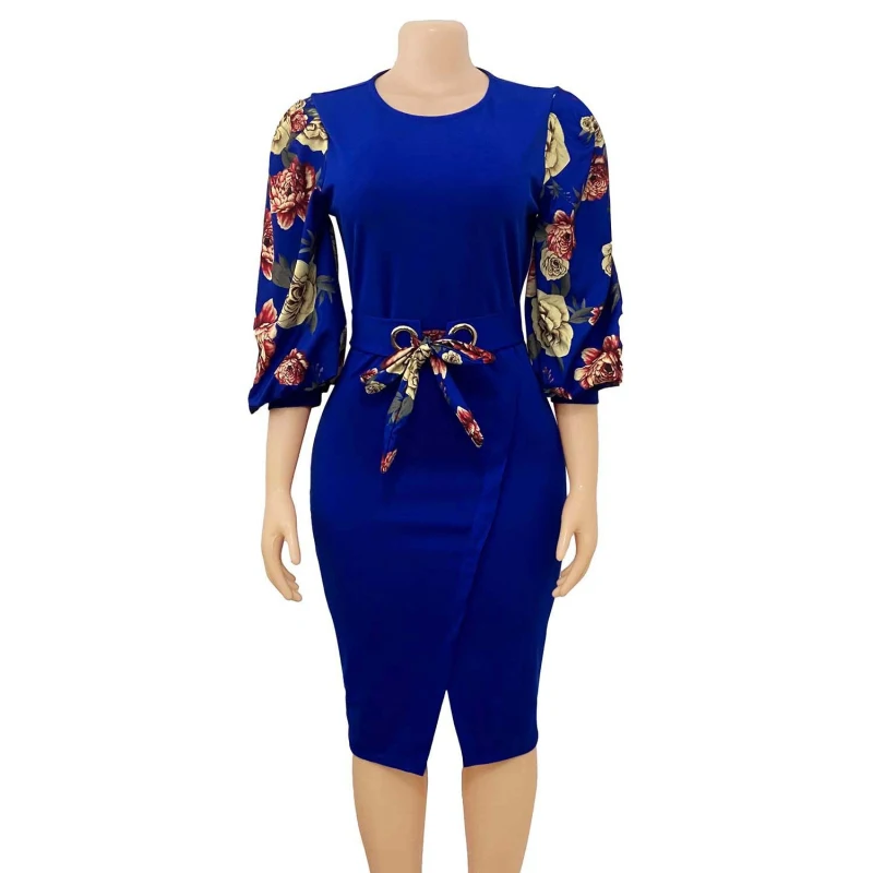 

2021 African Fashion Elegant Women O Neck Three Quater Sleeves Bodycon Dress High Waist Office Ladies Work Wear Dress