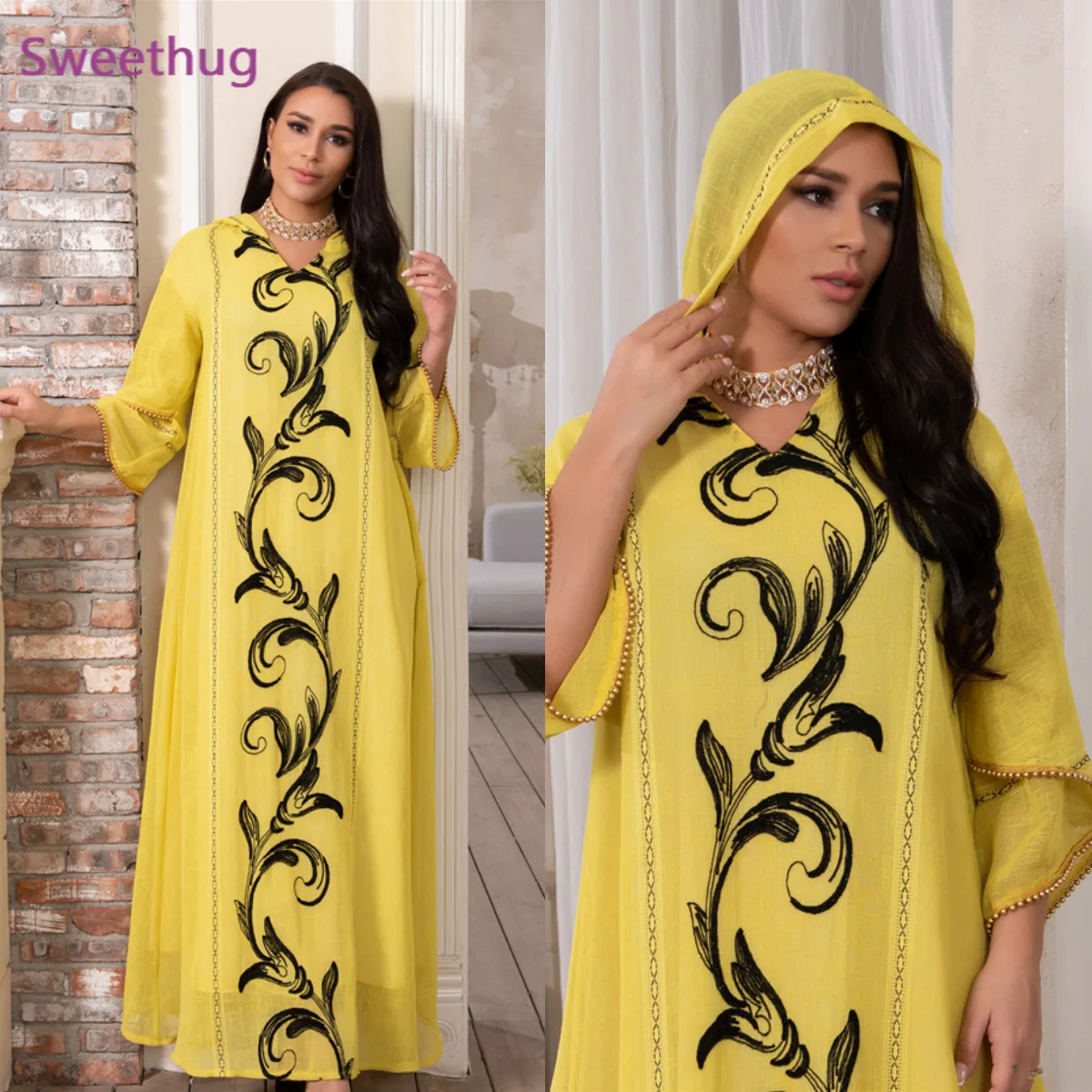 2021 Eid Этническая Вышивка с капюшоном Abaya платье для женщин с бисером Арабская лампа марокканский кафтан мусульманская одежда Желтая