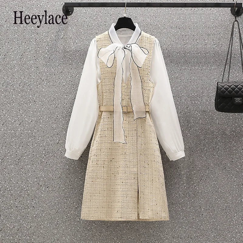 

Office Ladies Elegant Two Pieces Set Women Bow Collar Long Sleeve White Blouse And Tweed Vest Dresses Suits Women