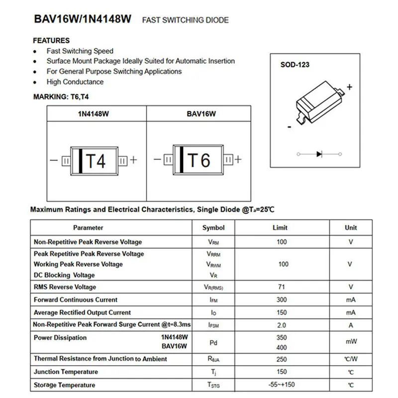 Диод быстрой переключения SMD SOD-100 1N4148W A2 1N4007W T7 1N5819W S4 T4 1N5819 SL 1N4007 1N5817 123 V 100 шт. |