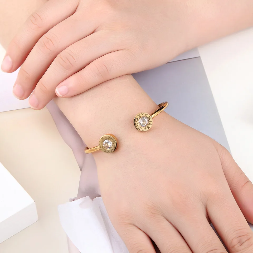 

Adjustable Open Stainless Steel Bracelets & Bangles 3 Color Cuff Bracelet For Women Roman Letters Crystal Jewelry Gift For Girls
