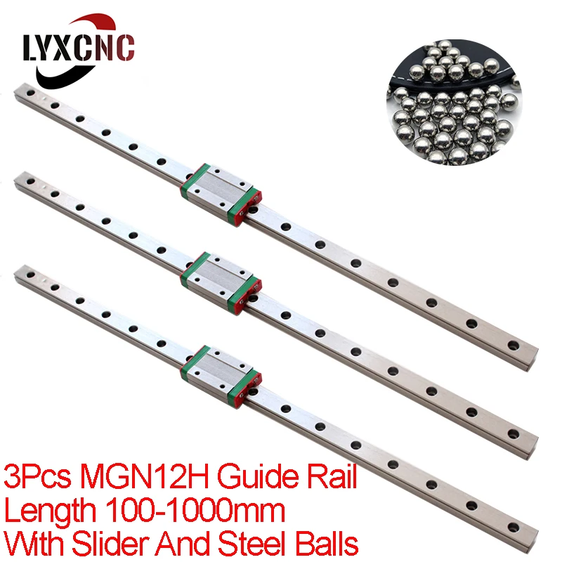 3 piezas MGN12 lineal, accesorio con 3 piezas deslizantes MGN12H, envío de bola de acero para impresora 3D CNC, 100, 150, 200, 250, 300, 350, 400, 450-500mm
