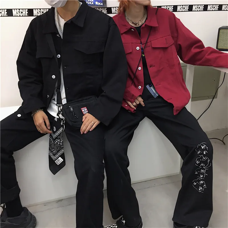 Женское джинсовое пальто винно красного цвета базовая Свободная куртка в