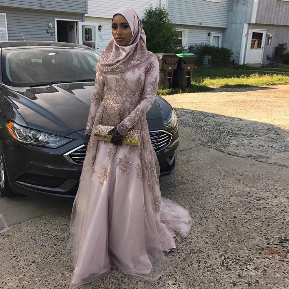 

Modest Muslim Applique Beads Evening Dresses Long Sleeve Saudi Arabia Vestidos De Festa Long Party Dress Prom Formal Pageant