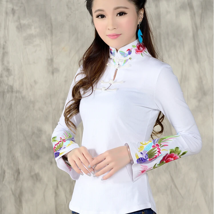 Рубашка в китайском стиле Женская 2019 Весенняя Этническая черная белая блузка с