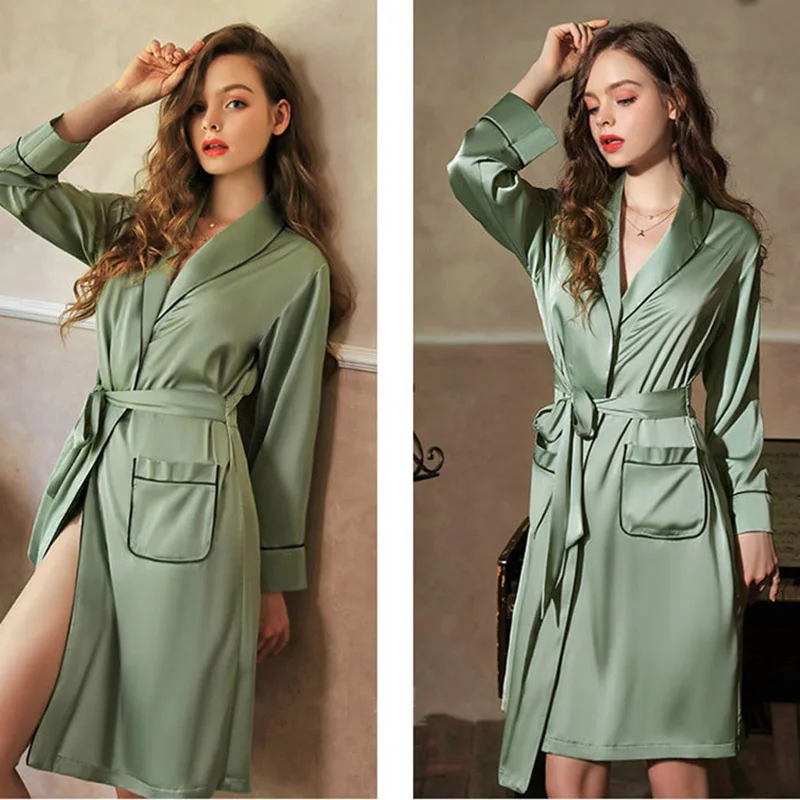 Халат женский Шелковый с глубоким V образным вырезом пикантная ночная рубашка