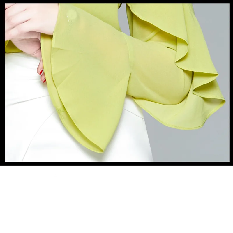 

XUXI Women Autumn Tops Shirt 2019 New Trumpet Sleeve Lotus Leaf Side Fashion Sexy Green Long Sleeve Femme Loose Blouse FZ0232