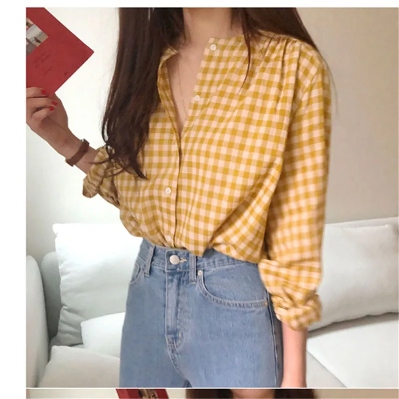 Блузка женская в шотландскую клетку Повседневная Свободная рубашка из хлопка и