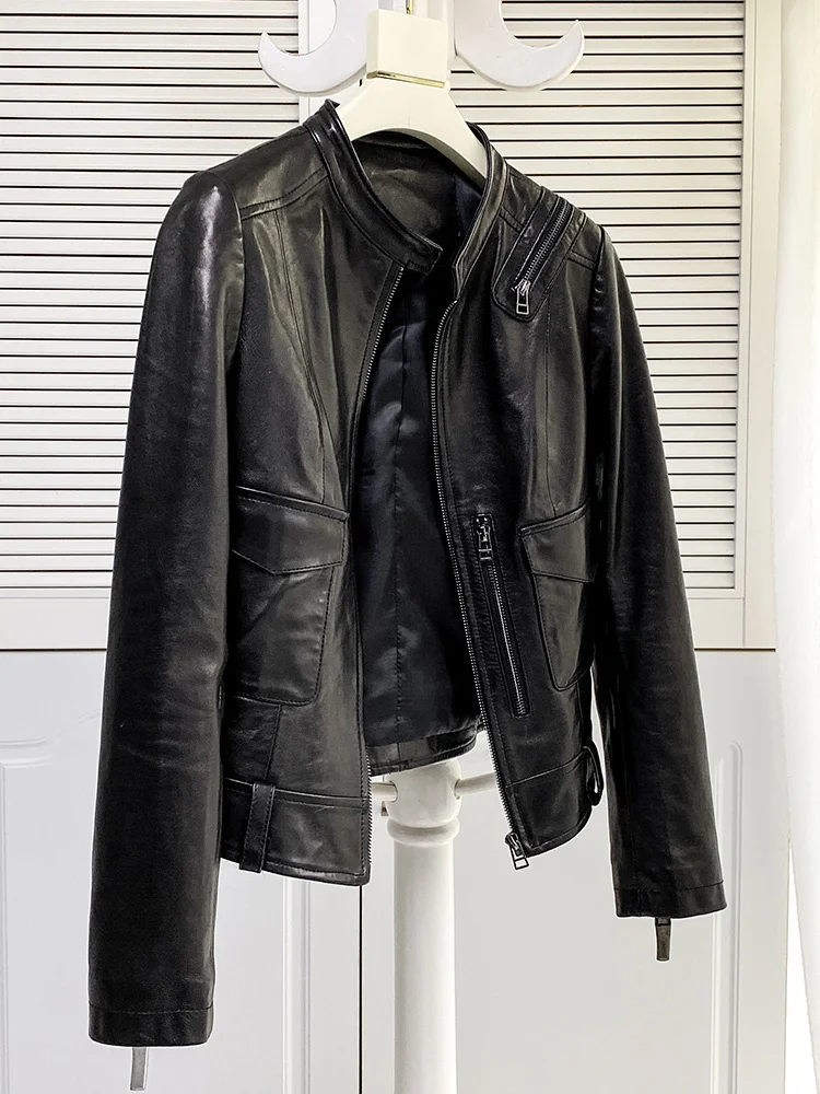 

Кожаное женское пальто, новинка 2021, короткая облегающая мотоциклетная кожаная куртка из овечьей кожи с воротником-стойкой