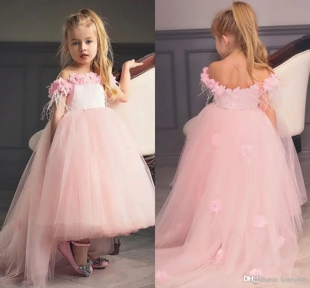 

New Cute Hi-lo Blush Pink Girl's Pageant Dresses Lace Flowers Puffy Ruffles Organza Skirt Wedding Flower Girls' Ball Gowns