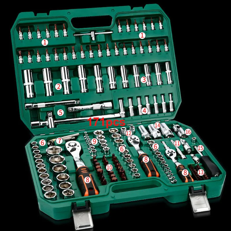 171pcs set Набор ручных инструментов, универсальный бытовой Автомобильный ремонтный набор инструментов с пластиковым ящиком для инструментов, чехол для хранения, торцевой ключ, отвертка - Цвет: 171pcs set