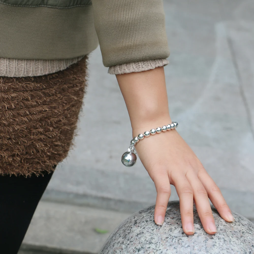 Женский браслет из серебра 100% пробы с круглыми бусинами 6/8/10 мм | Украшения и