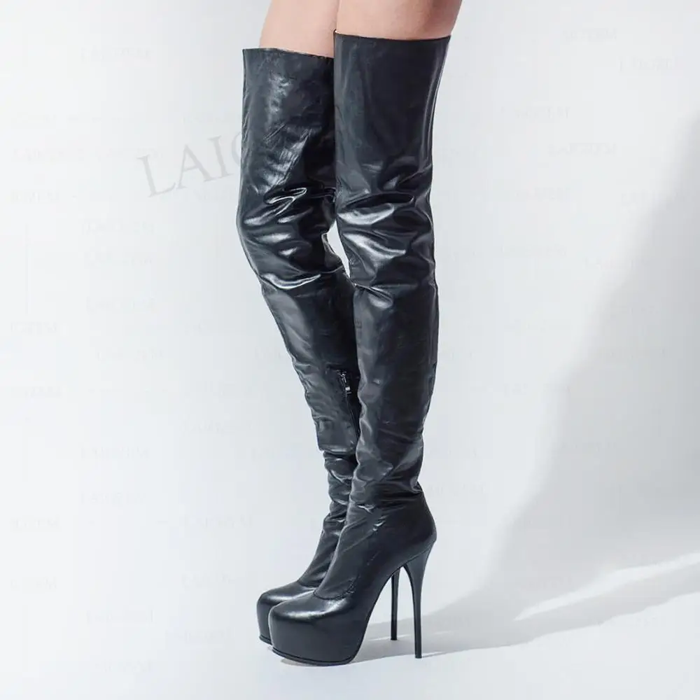 

LAIGZEM/женские сапоги до бедра на платформе и высоком каблуке с боковой молнией; Вечерние женские сапоги из искусственной кожи; Botines Mujer Laigzem; Ра...