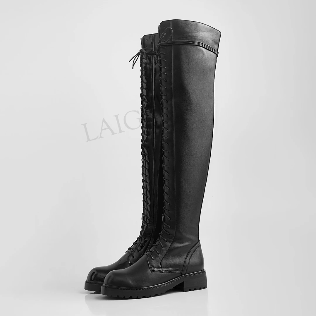 LGZ909 Black Matte LAIGZEM/женские ботфорты выше колена; расклешённые матовые лакированные сапоги до бедра на низком каблуке с молнией; Zapatos de Muje; Размеры 33, 38, 39, 40 - Цвет: LGZ909 Black Matte