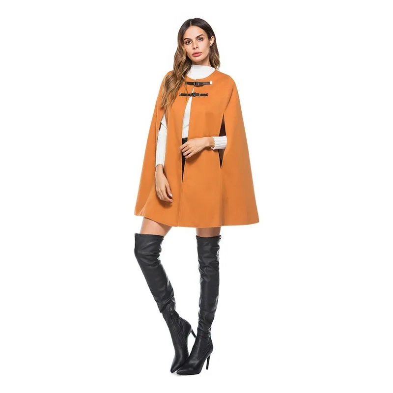 

Ladies Windbreaker Coat Cloak Casual Wool Fashionable Blend Streetwear Leather Solid Color Buckle Cardigan Cloak Coat