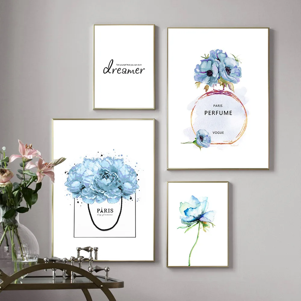 

Nordic Canvas Perfume Poster Painting Blue Wall Art Poster Perfume Flower Art Print Modern Wall Picture For Bedroom Decoration