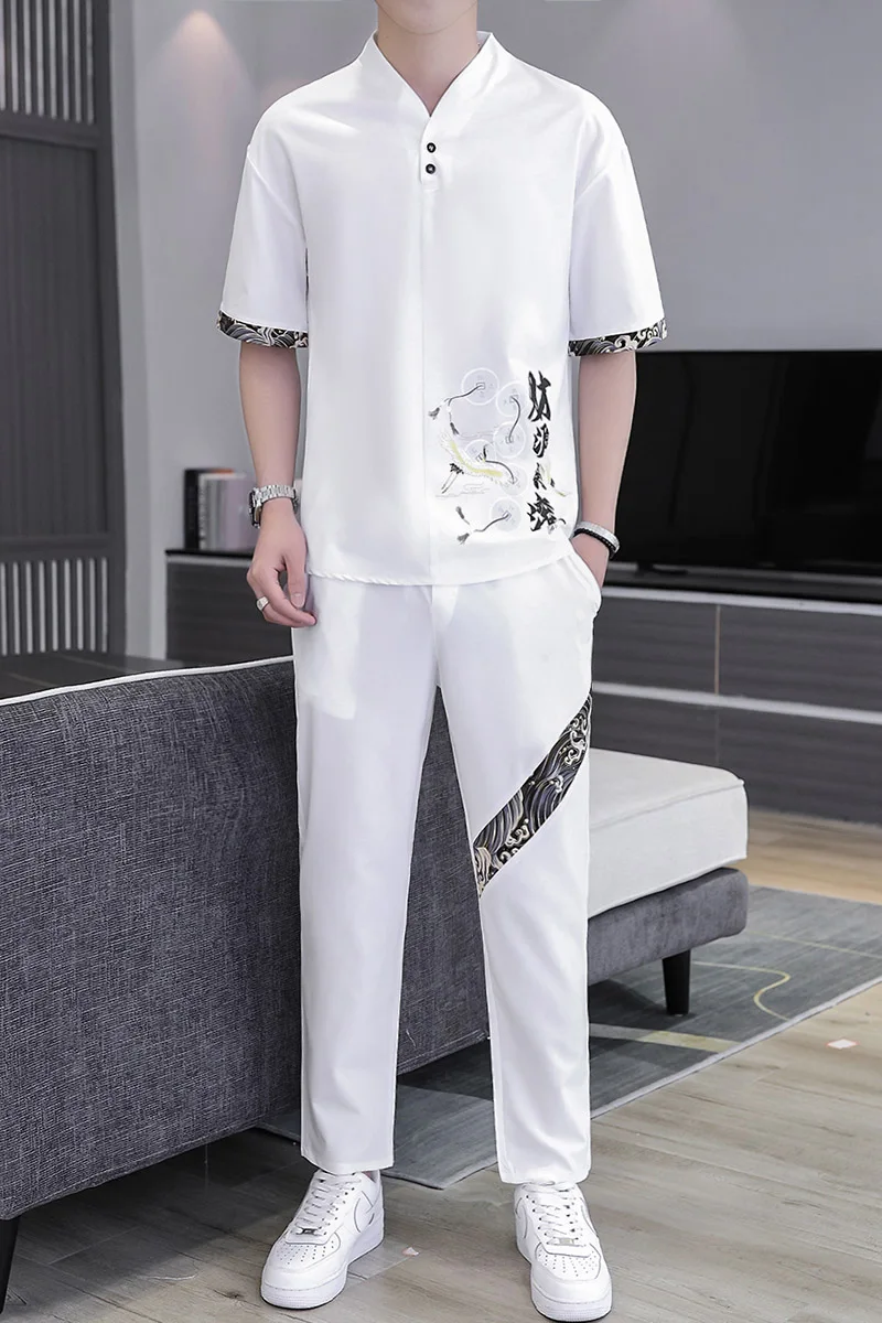 

2021 New Chinese Style Men Short-Sleeved Shirts+Ankle Pants Sets Printed Casual Two-Piece Men's Tracksuit 4 Color M-5XL T798