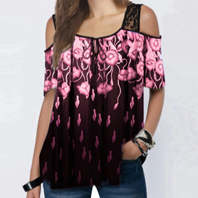 

Women Lace Short Sleeve T-shirt Casual Floral Print Tops Summer Off Shoulder Loose Tees T-shirts Streetwear