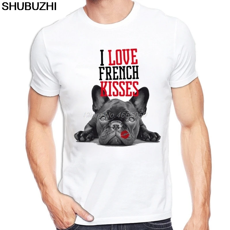 Футболка мужская с принтом французского бульдога и надписью I Love French Kiss|Мужские