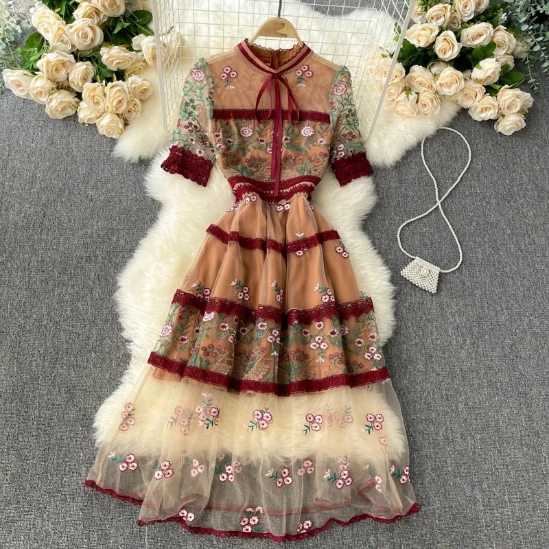 

New Autumn Lace Embroidery Dress Women Elegant Patchwork Mesh Dresses Vintage Ladies Stand Collar Floral Print Long Dress