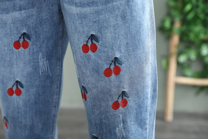 

M-XL Women Blue Jeans Casual Fashion Cherry Embroidery Vintage Denim Pants with Pockets