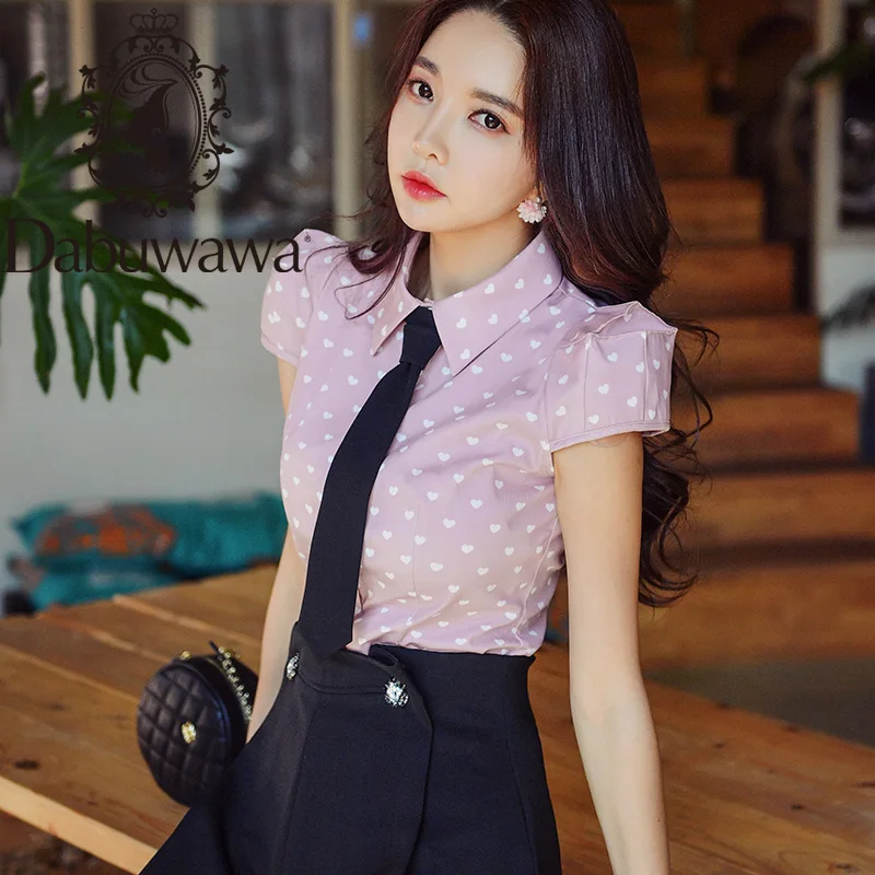 

Dabuwawa Pink Heart Printed Button Front Blouse Shirt Women Tops Short Sleeve Basic Tie Blouses For Office Ladies DT1BST024