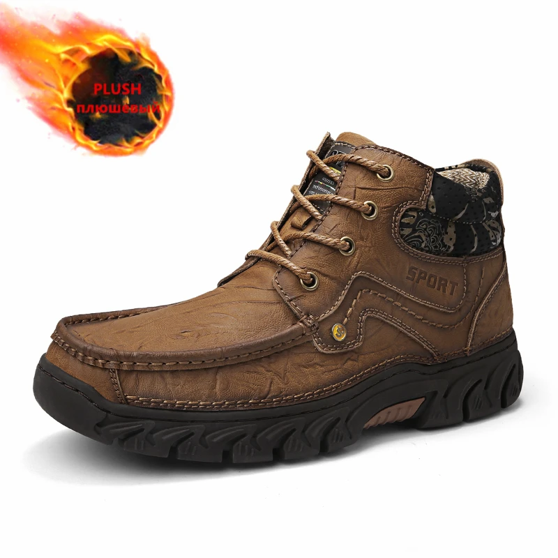 

Genuine Leather Men Boots Winter Keep Warm Plush Ankle Snow Boots Outdoor Non-slip Hiking Shoes High-top Mens Shoes New