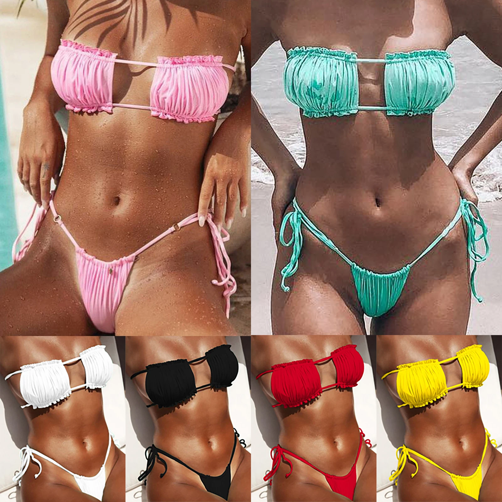 

Ladies Summer Beach Bikini Female Micro Folds Swimwear Women Bikini Set Bandge Swimming Suit Female Beach Holiday White Swimsuit