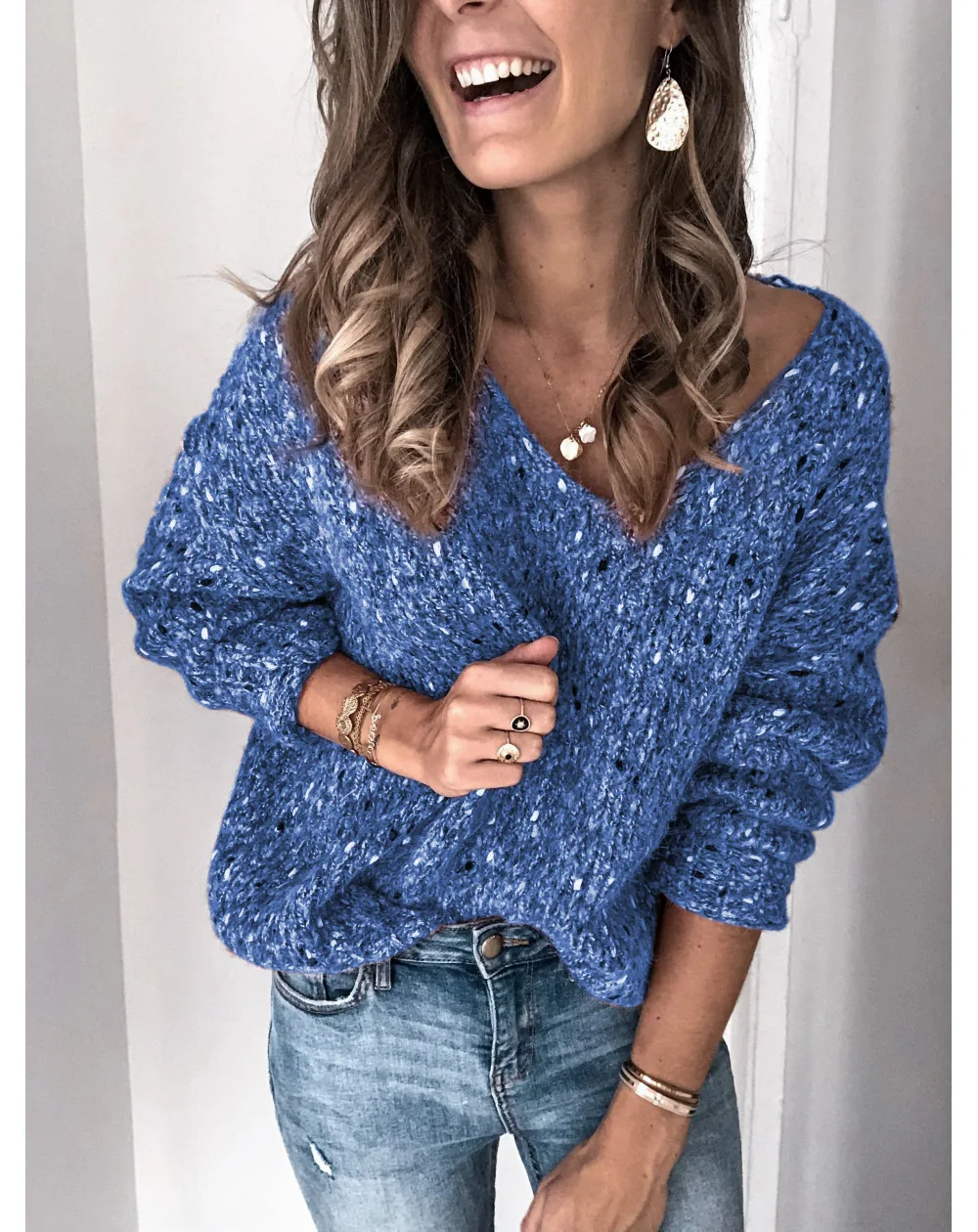 Модные свитера и джемперы Новинка осени 2019 однотонный Блестящий вязаный свитер