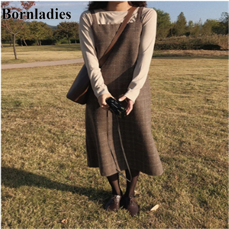 Bornladies весеннее платье в стиле бохо клетку на бретельках для девочек винтажный