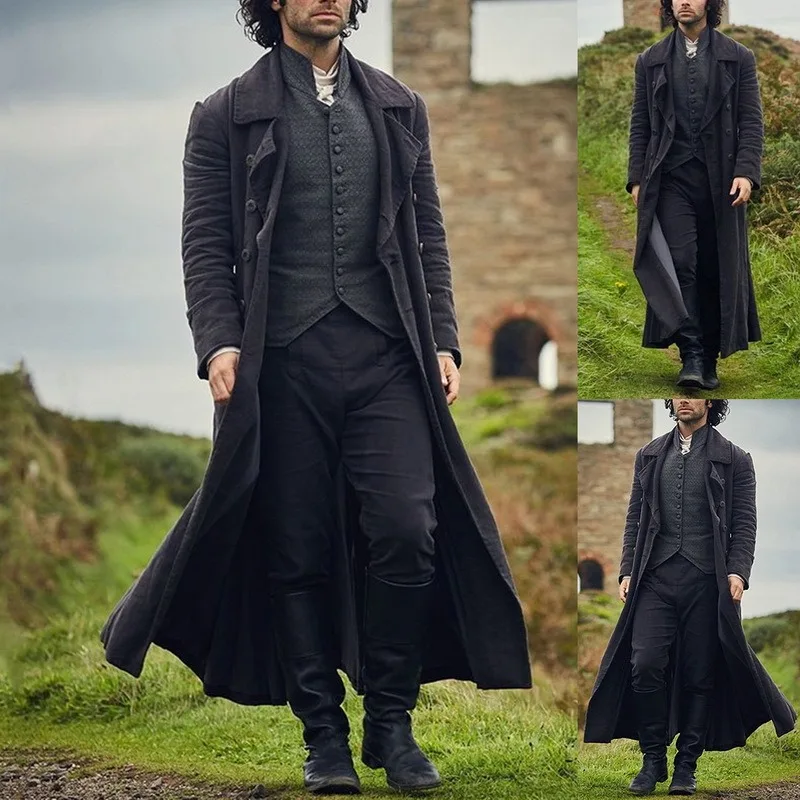 Тренч мужской двубортный в готическом ретро стиле однотонная Осенняя винтажная