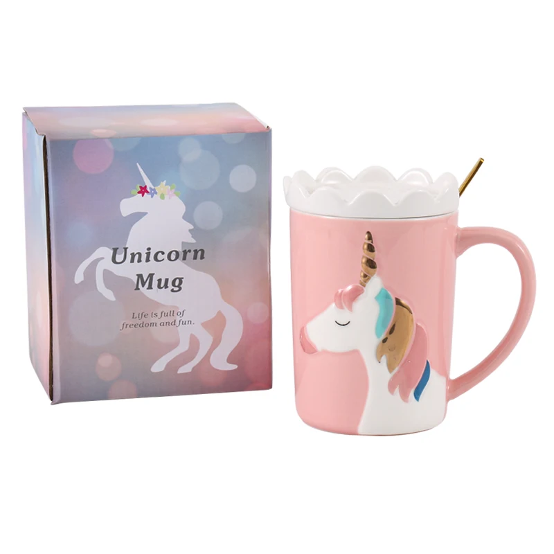 

Creative 3D Relief Glod Unicorn Coffee Mug with Spoon and Crown Lid Drinking Coffee Tea Cup Gift
