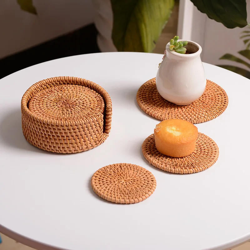 6pcs Handcrafted Woven Rattan Coaster 4 Size Multi-Use Heat Insulation Anti Scald Round Tea Cup Pot Mat Cushion Pad With Holder