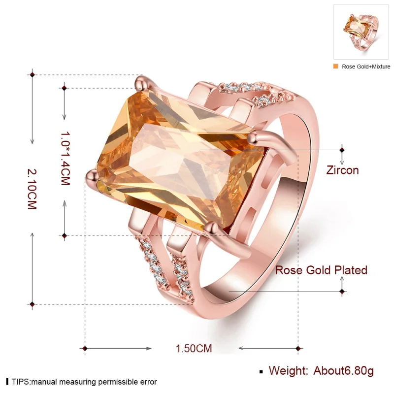 Элегантное розовое покрытый золотом кольцо Шампанский кубик циркония модные