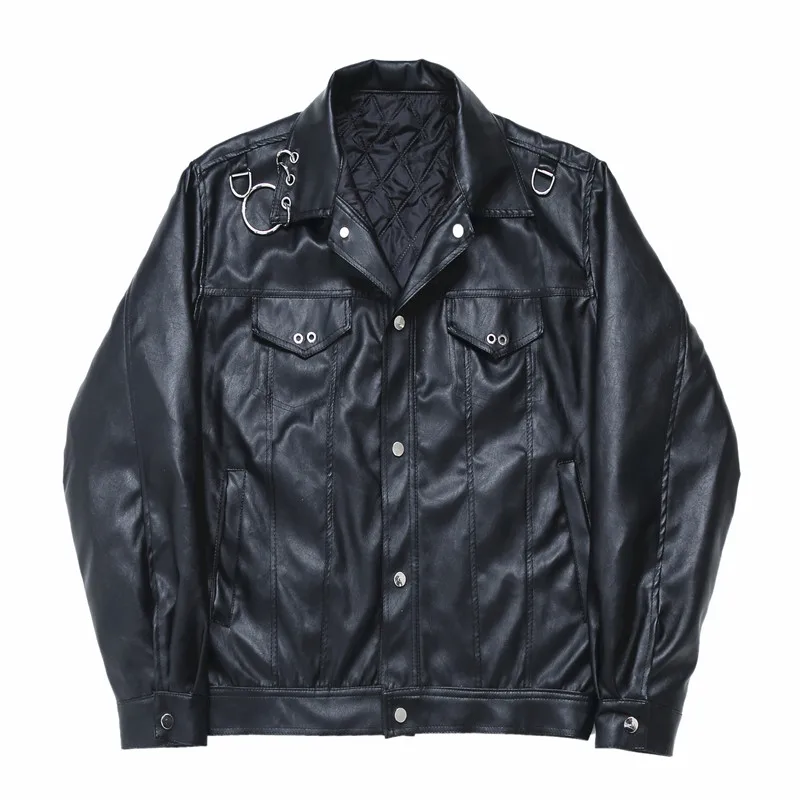 

M-XL!Winter new ins personality metal iron ring decoration men's loose motorcycle leather jacket plus cotton jacket youth jacket