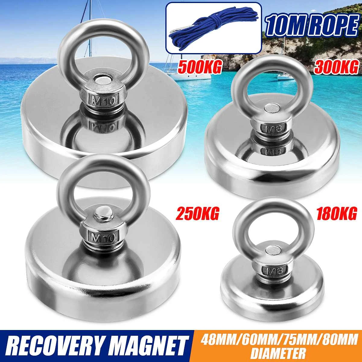 

500KG D80mm Strong Neodymium Magnet Double Side Search Magnetic Hook Super Power Salvage Sea Fishing Magnet Holder With 10M Rope