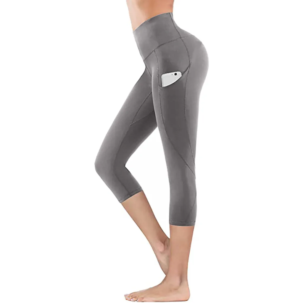 

Women's Tight Elastic Quick Dry Solid Color Pocket Capris Seamless Yoga Pants
