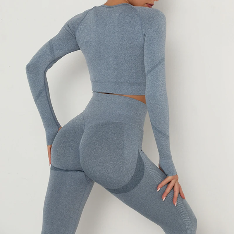 

2021 Seamless Yoga Set Women Workout Sportswear Gym Clothing Fitness Long Sleeve Crop Top High Waist Leggings+ Bra Sports Suits