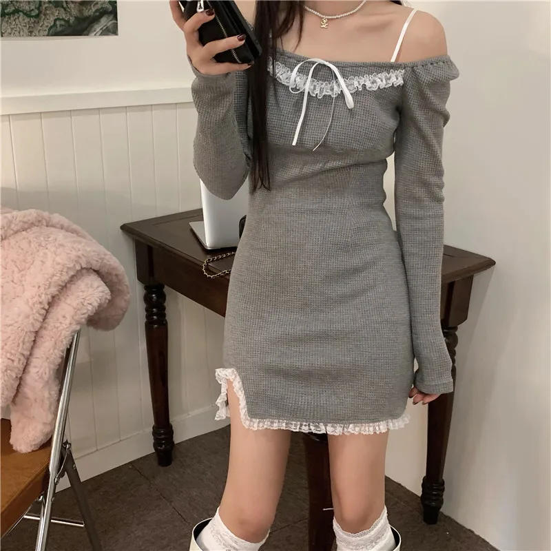 

Сексуальное женское платье с длинным рукавом и кружевной отделкой, с разрезом, милое мини-платье