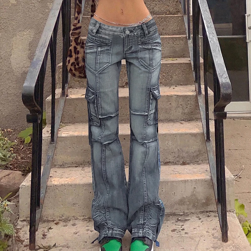 

Sexy Women Low Waisted Pockets Jeans Y2K 90s Vintage Baggy Denim Cargo Pants Harajuku Women Straight Long Trousers Streetwear