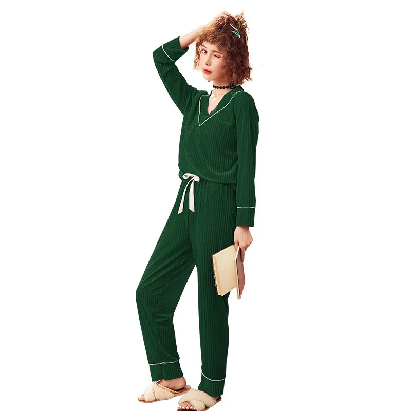 

YRRFUOT Autumn Winter soft Korean Version V-neck Velvet Pajamas Fashionable Loose Long-sleeved Two-piece Suit Ladies Homewear